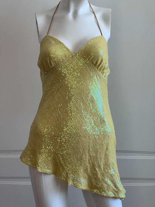 100% Silk Yellow Sequin Backless Top