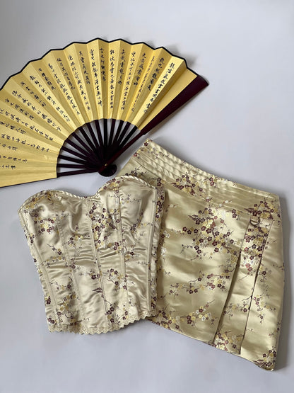 Vintage Gold Cherry Blossom Jacquard Mini Skirt