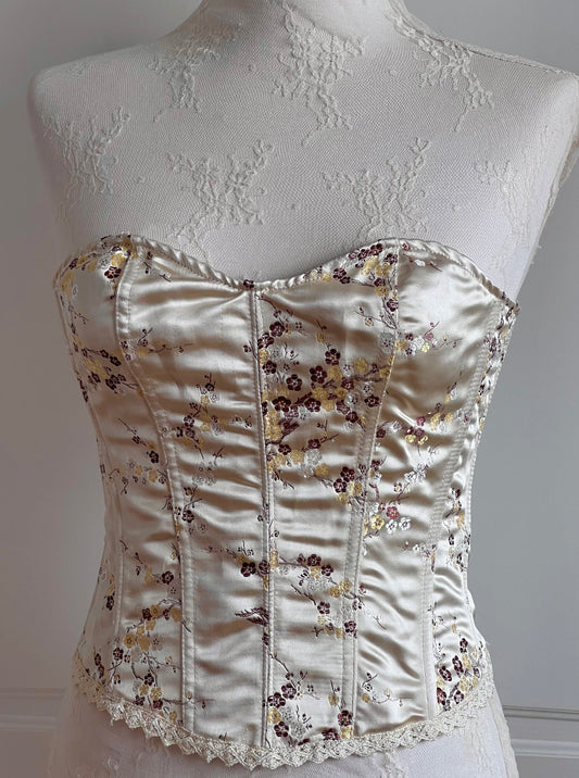 Vintage Gold Cherry Blossom Jacquard Corset