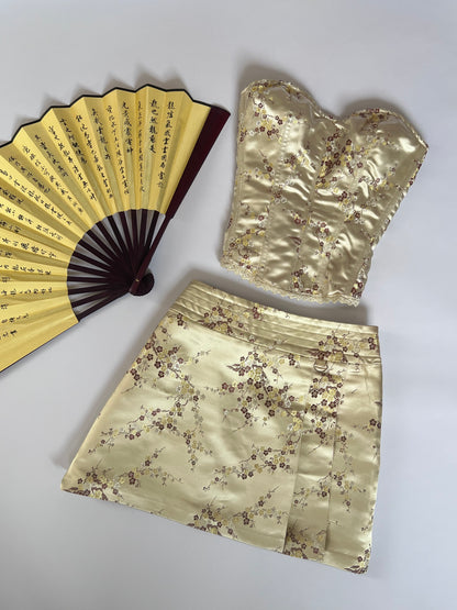 Vintage Gold Cherry Blossom Jacquard Mini Skirt