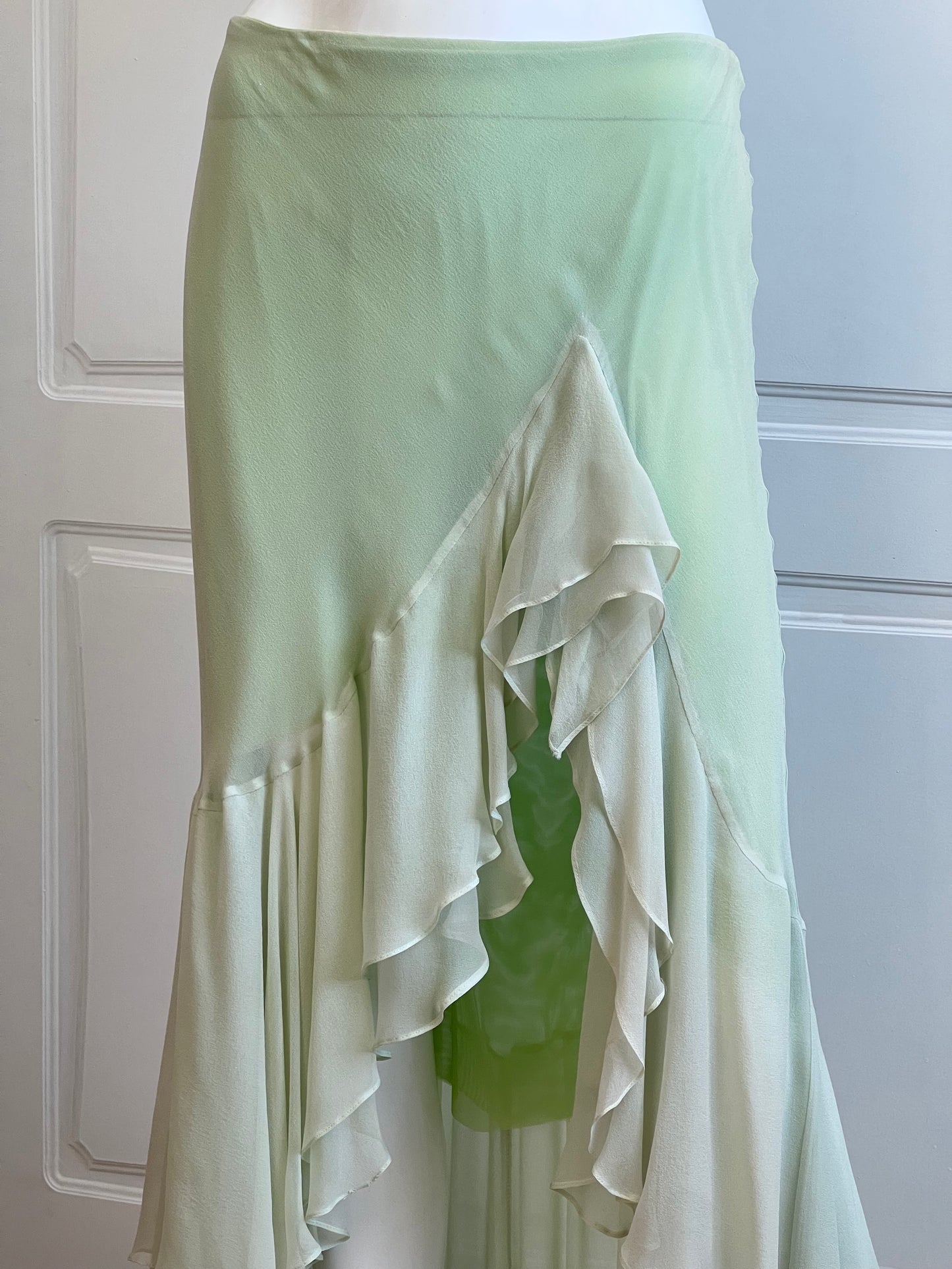 Luxurious Designer 100% Silk Lime Maxi Ruffle Skirt