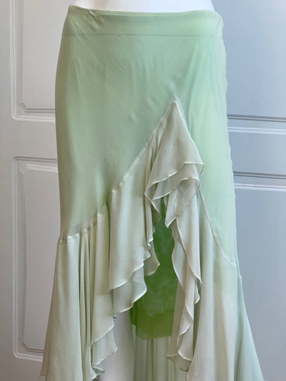 Luxurious Designer 100% Silk Lime Maxi Ruffle Skirt
