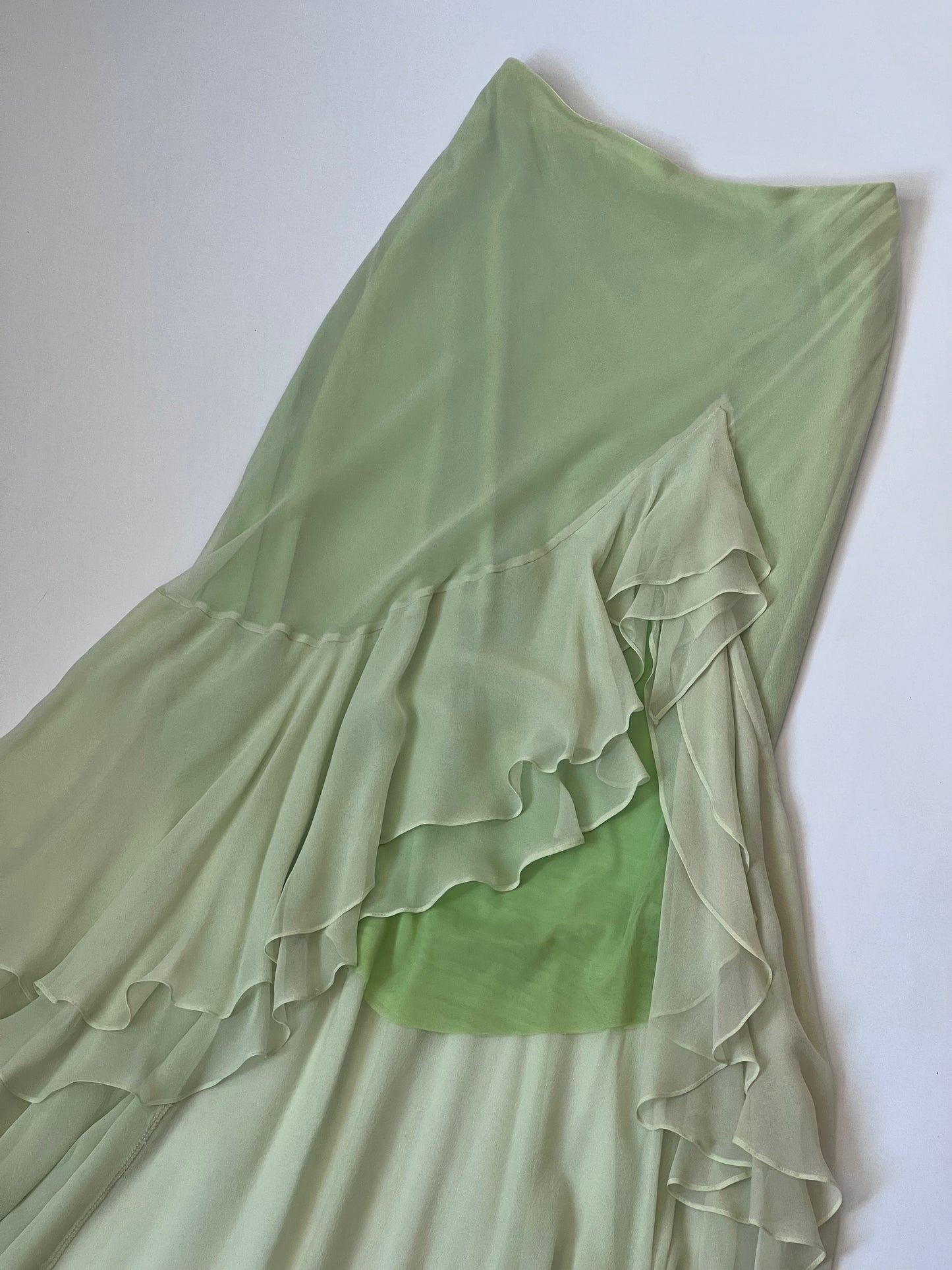 Luxurious Designer 100% Silk Lime Maxi Ruffle Skirt