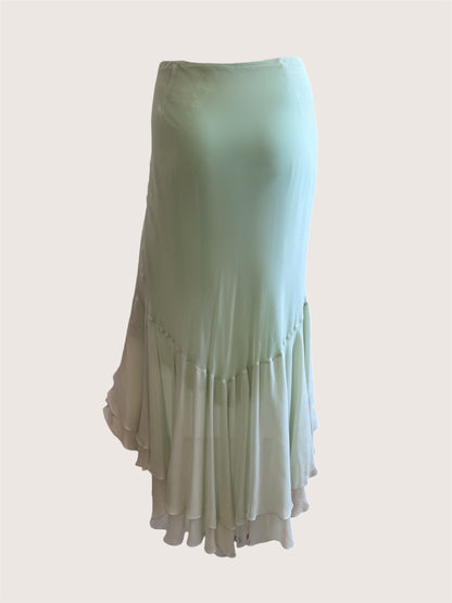 Luxurious Designer 100% Silk Lime Maxi Ruffle Skirt