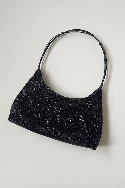 Vintage Black Beaded Croissant Purse