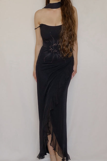 Vintage Black Slip Dress & Scarf Ensemble