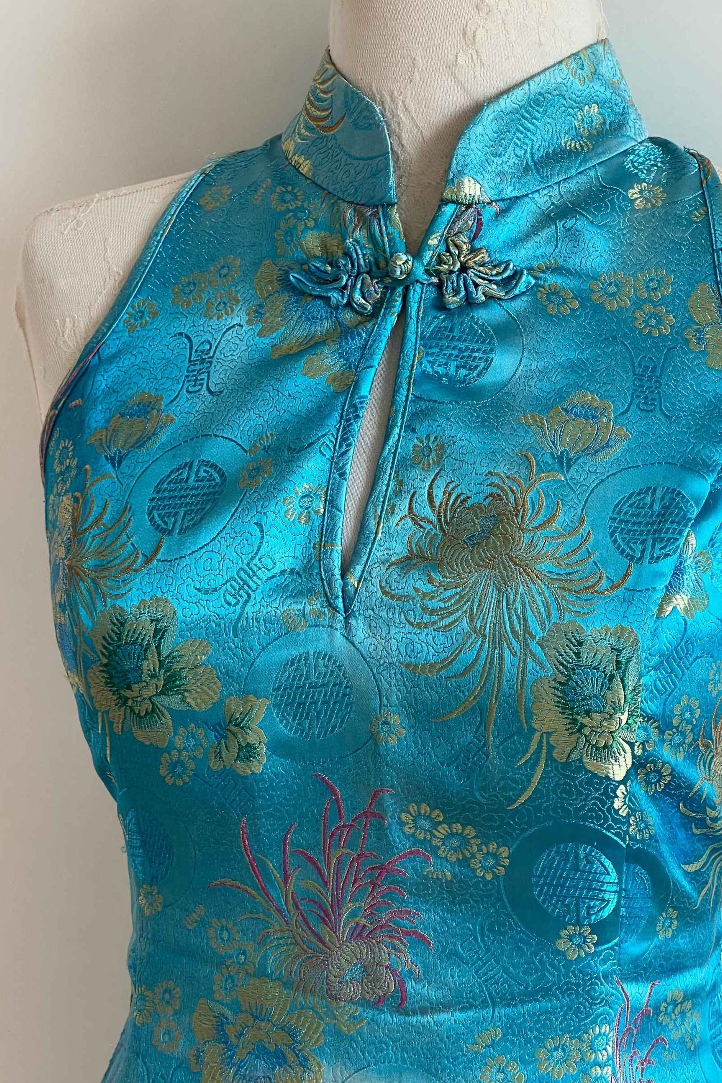 Aqua Blue Jacquard Qipao Mini Dress