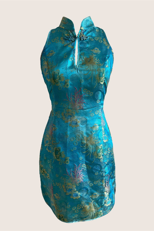 Aqua Blue Jacquard Qipao Mini Dress