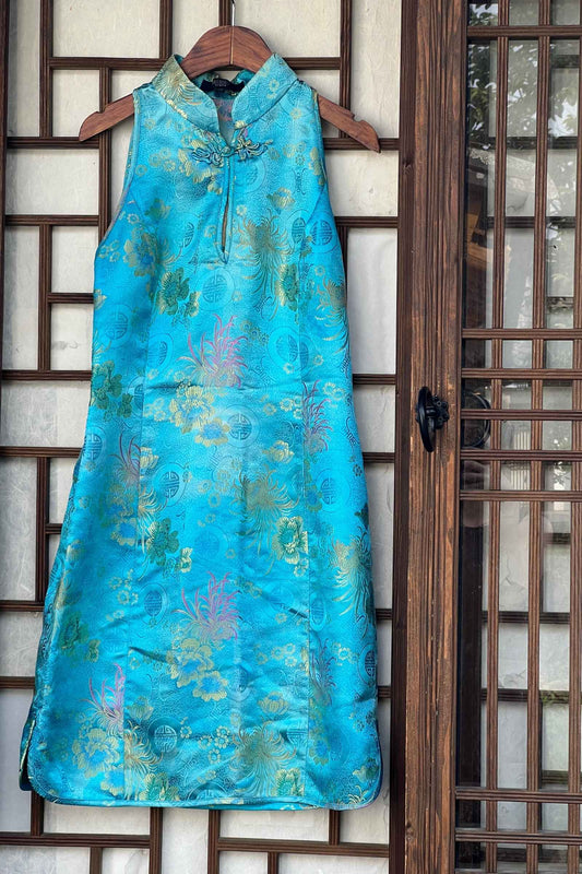 Aqua Blue Jacquard Qipao Mini Dress