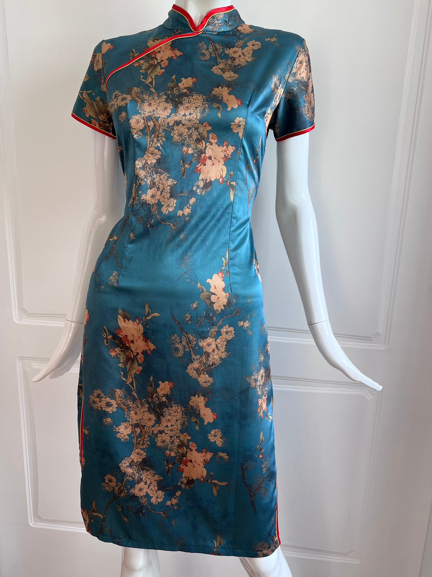 Vintage Floral Satin Cheongsam Inspired Dress