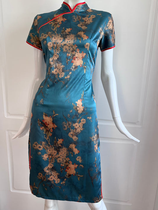 Vintage Floral Satin Cheongsam Inspired Dress