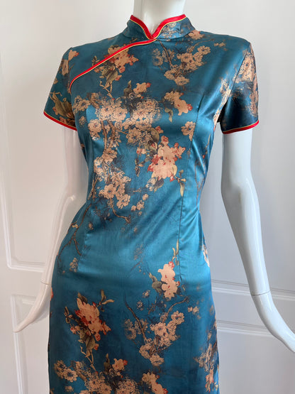 Vintage Floral Satin Cheongsam Inspired Dress