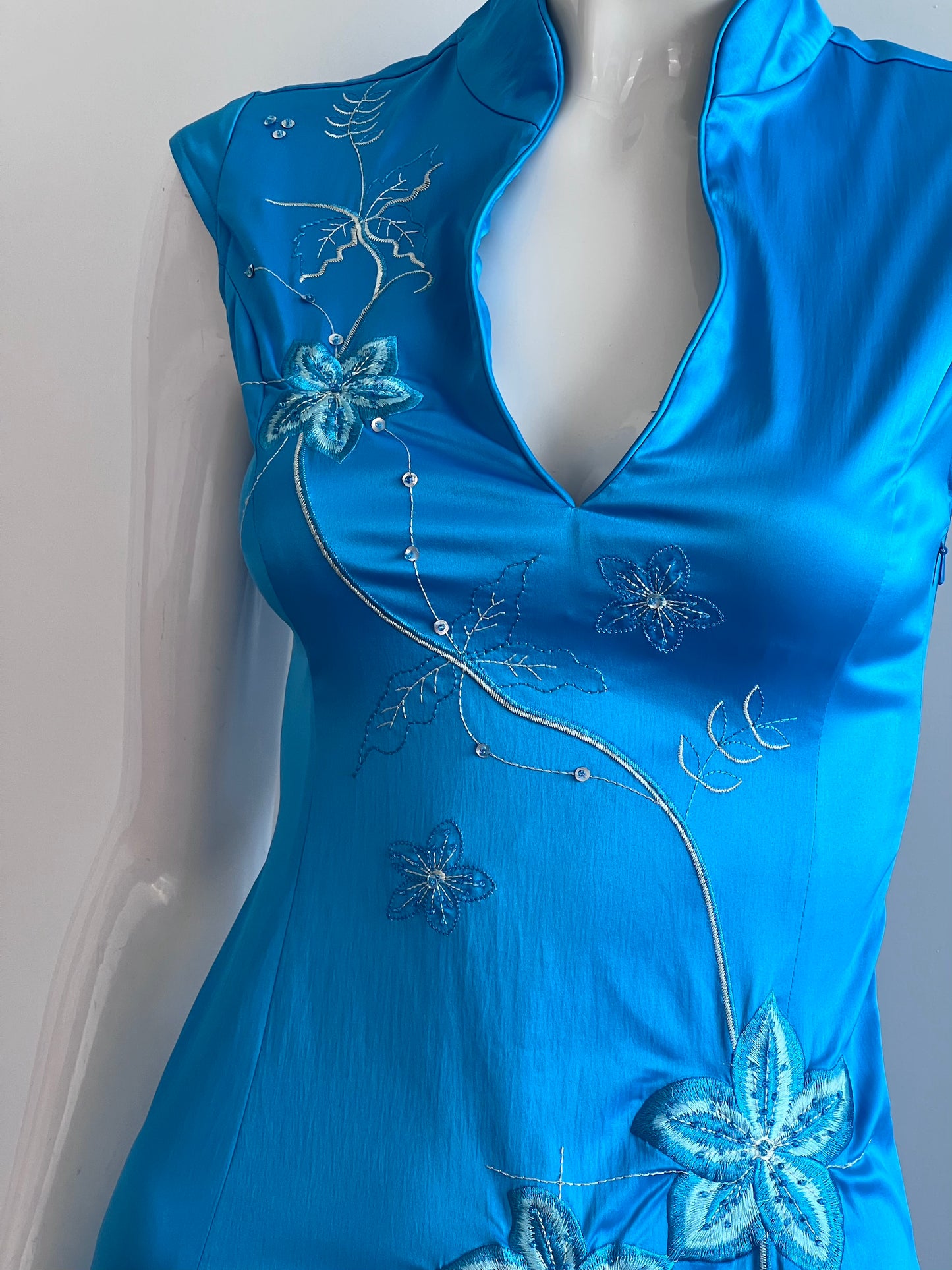 Sky Blue Satin Cheongsam Inspired Midi Dress