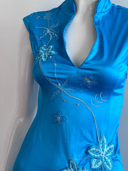 Sky Blue Satin Cheongsam Inspired Midi Dress