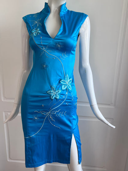 Sky Blue Satin Cheongsam Inspired Midi Dress