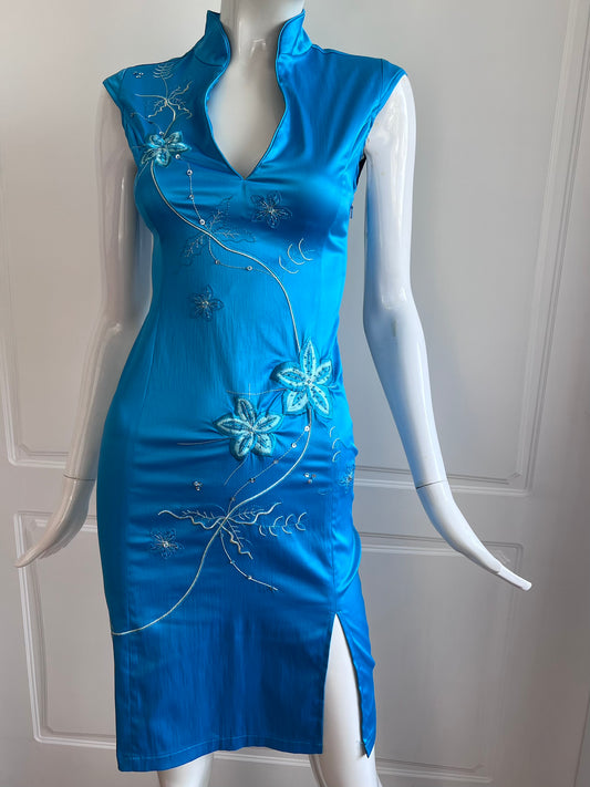 Sky Blue Satin Cheongsam Inspired Midi Dress