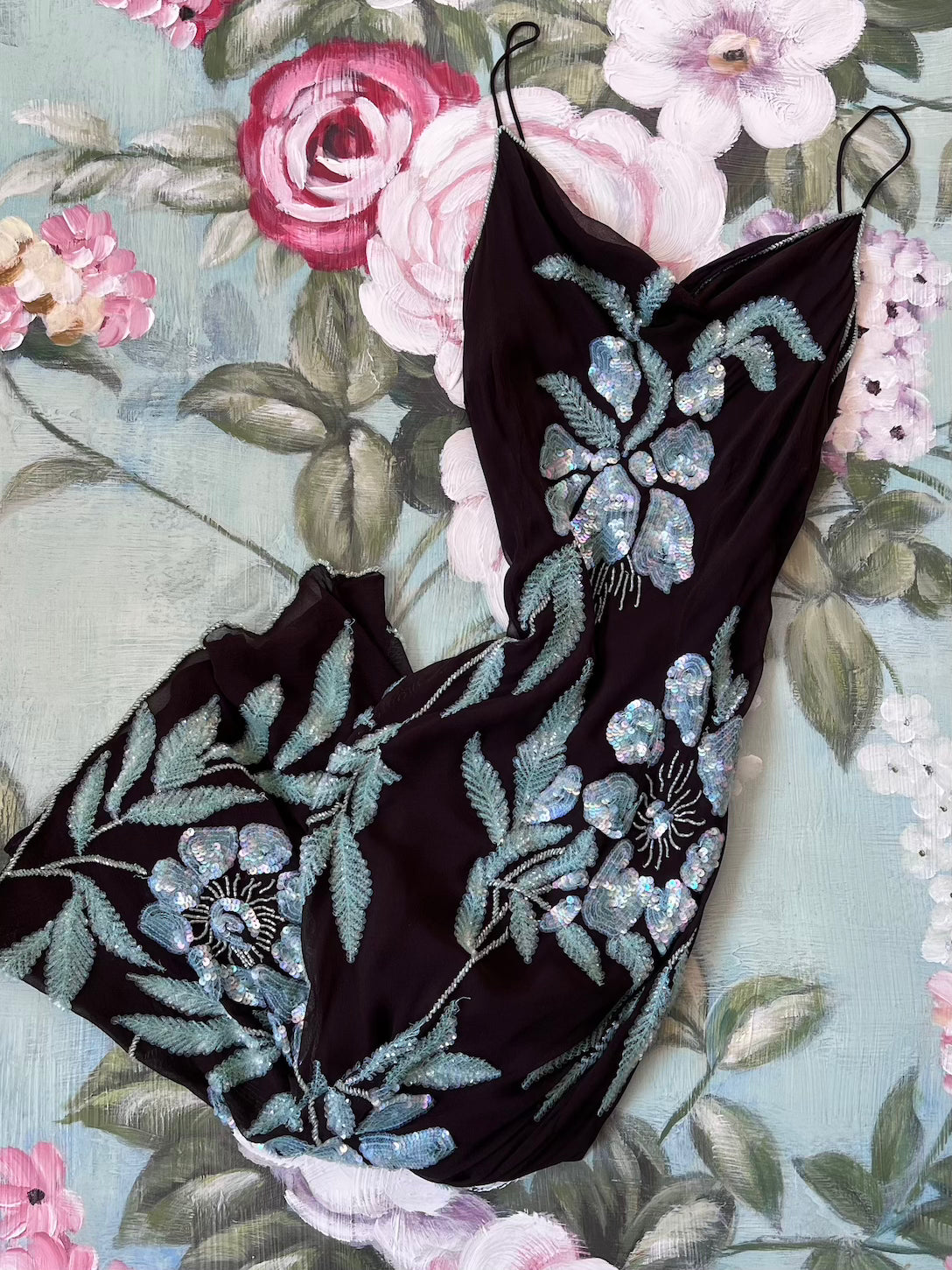 Luxurious vintage 100% silk 1990s slip dress with delicate floral beading, front view