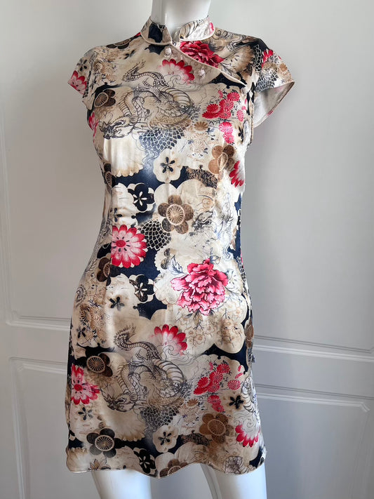 Gold Qipao Inspired Mini Satin Dress