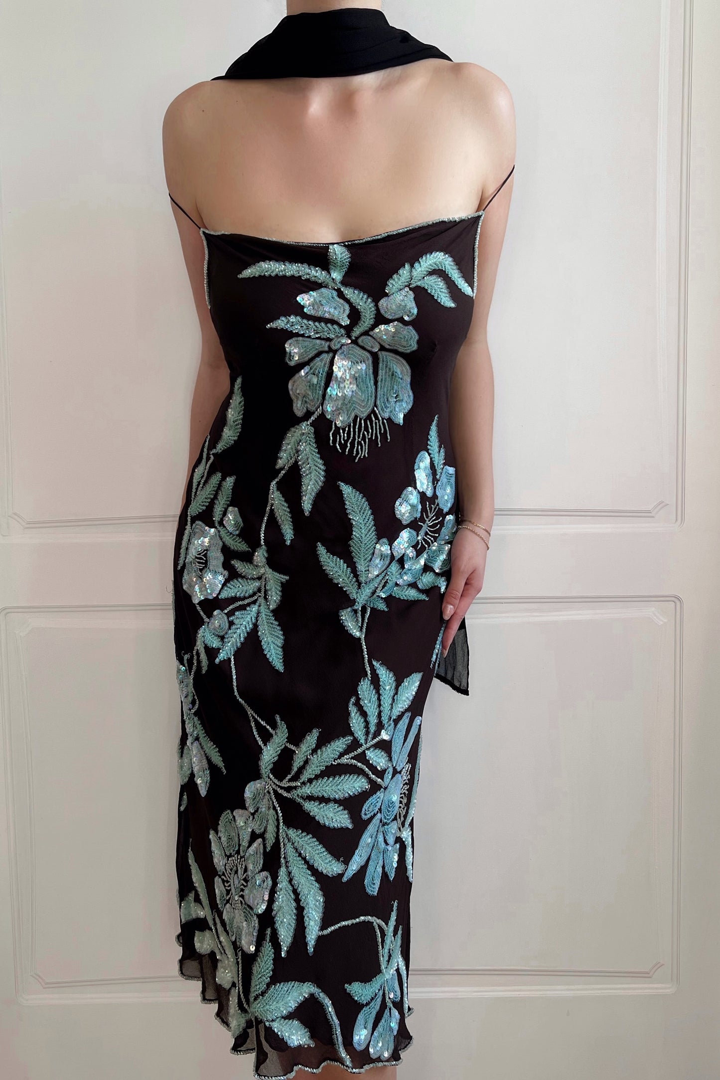 Vintage 1990s 100% silk beaded slip dress with hand-sewn floral beadwork, thumbnail view