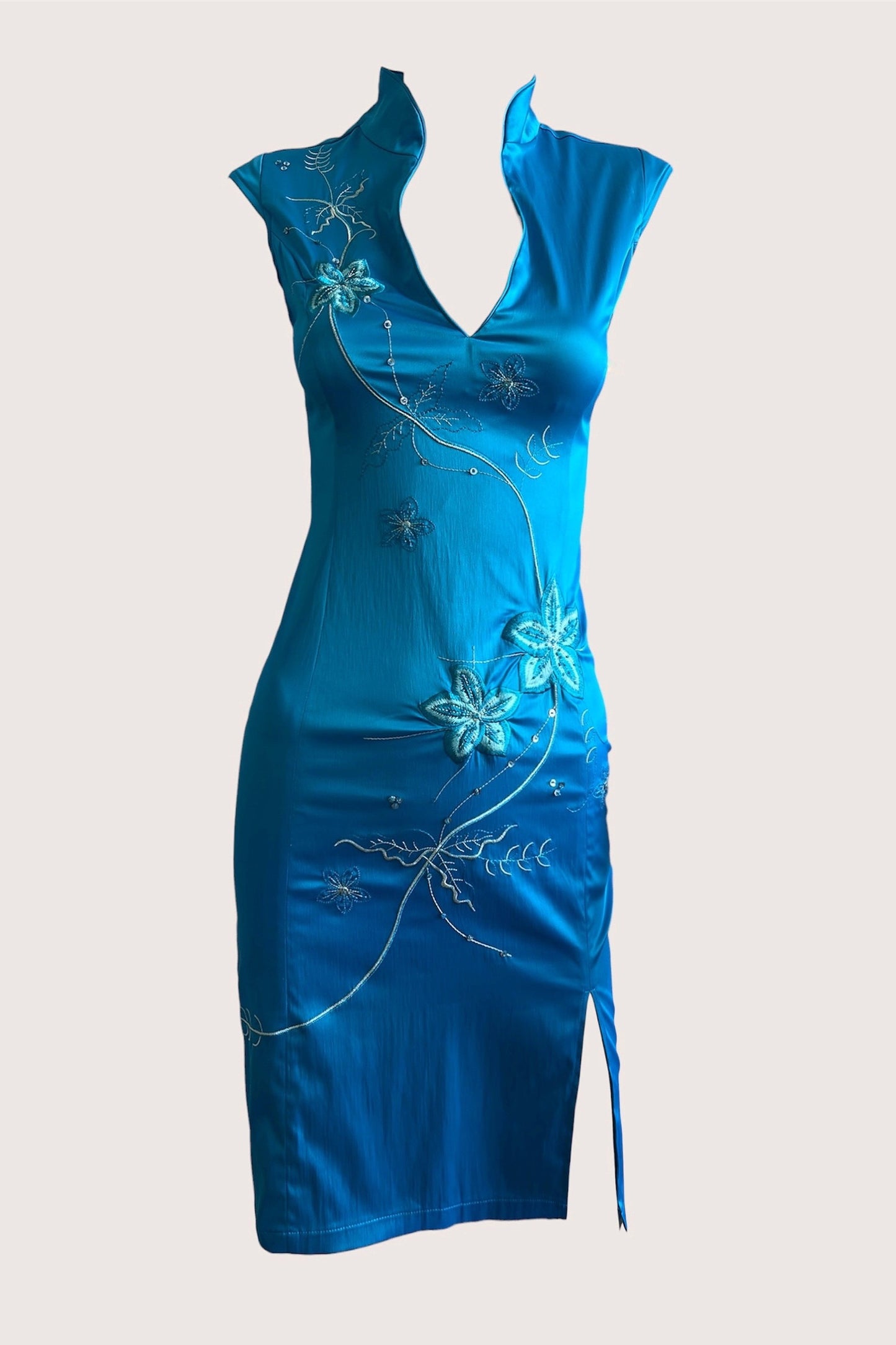 Sky Blue Satin Cheongsam Inspired Midi Dress