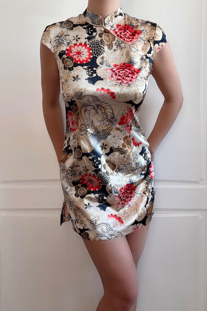 Gold Qipao Inspired Mini Satin Dress