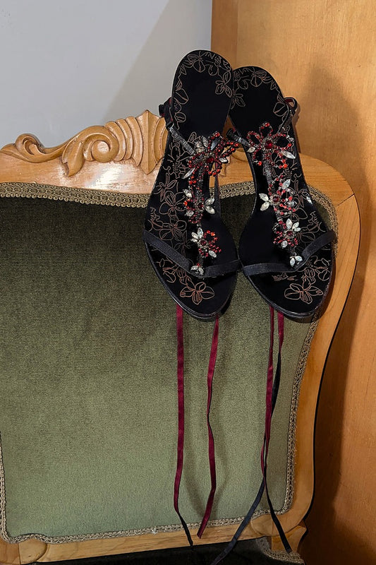 Black Rhinestone Ankle Wrap Sandal Heels