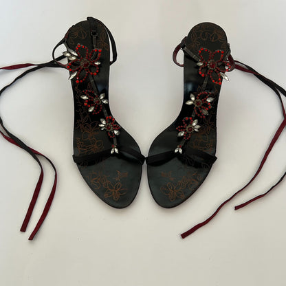 Black Rhinestone Ankle Wrap Sandal Heels