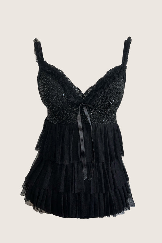 Vintage Designer Black Cascading Top