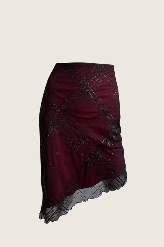 1990's Wine Red Overlay Plaid Skirt