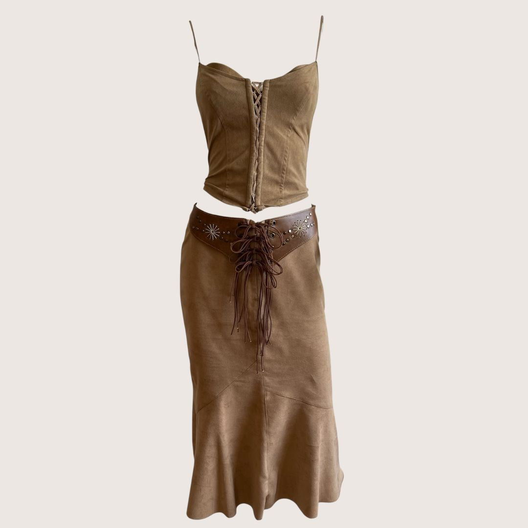 1990's Camel Brown Suedette lace-Up Skirt