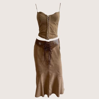 1990's Camel Brown Suedette lace-Up Skirt