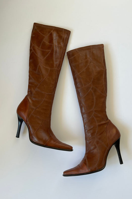 Vintage Italian Patchwork Leather Knee High Boot Heels (EU 37-38)