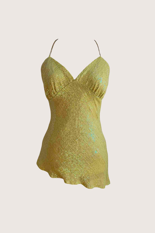 100% Silk Yellow Sequin Backless Top