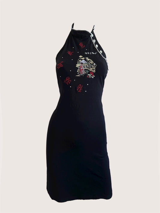 1990's Black Qipao Inspired Mini Dress