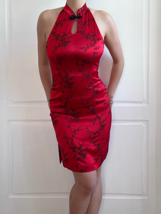 Vintage Red Halter Chinoiserie Dress