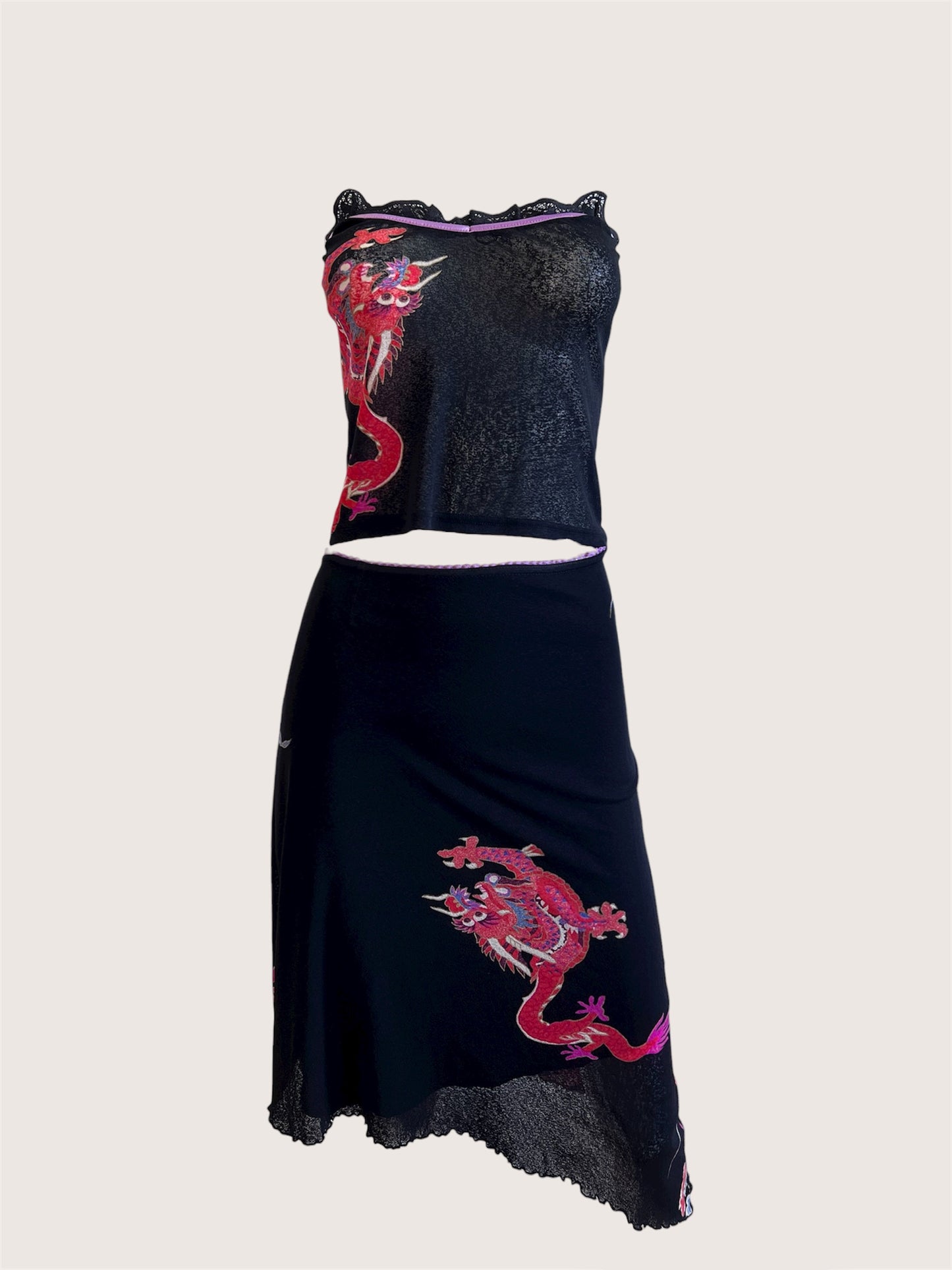 2000's Parisian Dragon Print Top & Skirt Ensemble