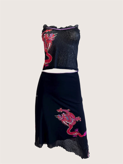 2000's Parisian Dragon Print Top & Skirt Ensemble