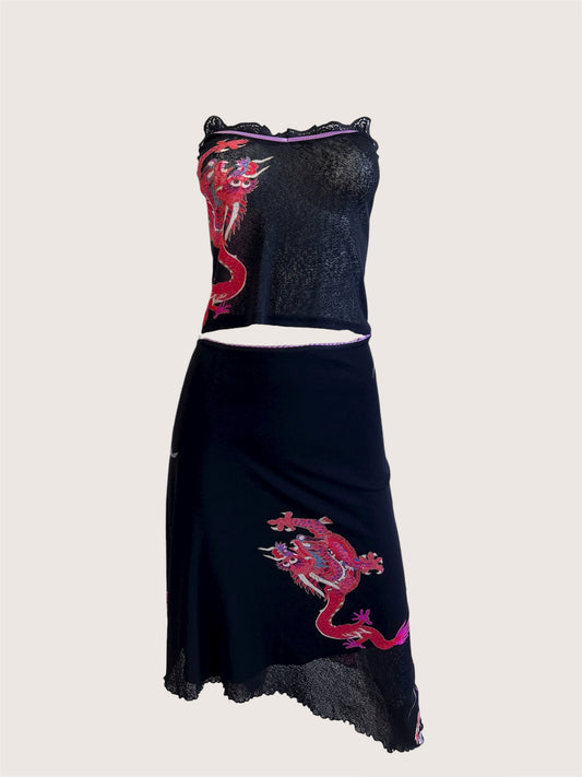 2000's Parisian Dragon Print Top & Skirt Ensemble