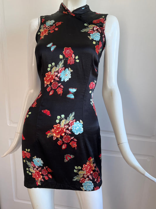 2000's Black Floral Qipao Inspired Mini Dress