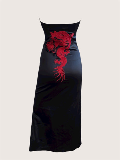 1990's Luxurious Black Satin Dragon Dress