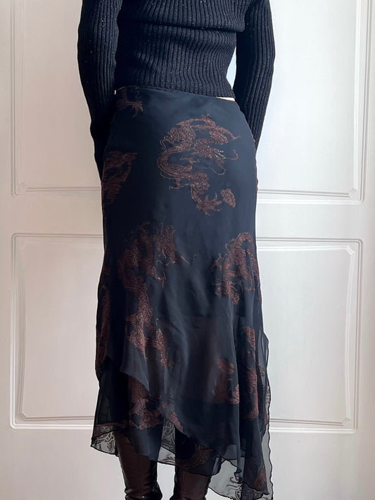 Vintage Dark Brown Dragon Print Maxi Slip Skirt