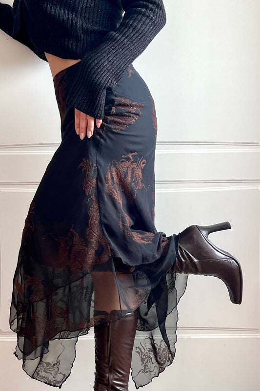 Vintage Dark Brown Dragon Print Maxi Slip Skirt