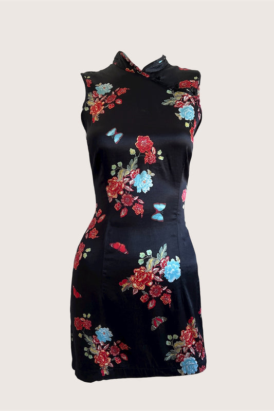 2000's Black Floral Qipao Inspired Mini Dress