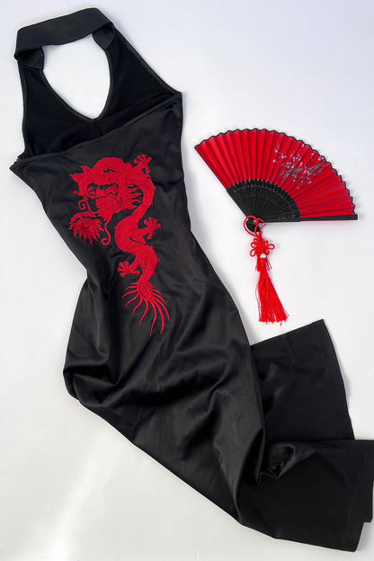 1990's Luxurious Black Satin Dragon Dress