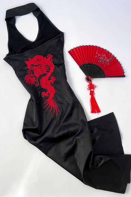 1990's Luxurious Black Satin Dragon Dress