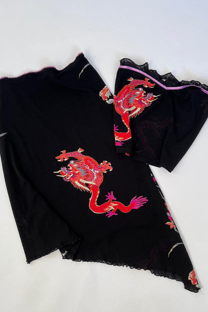 2000's Parisian Dragon Print Top & Skirt Ensemble