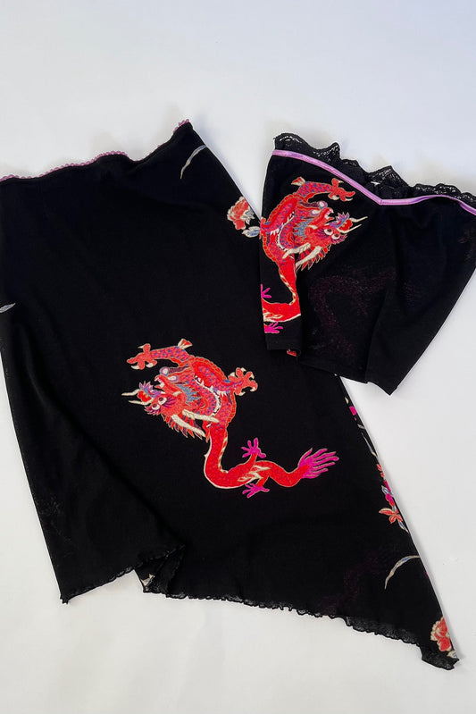 2000's Parisian Dragon Print Top & Skirt Ensemble