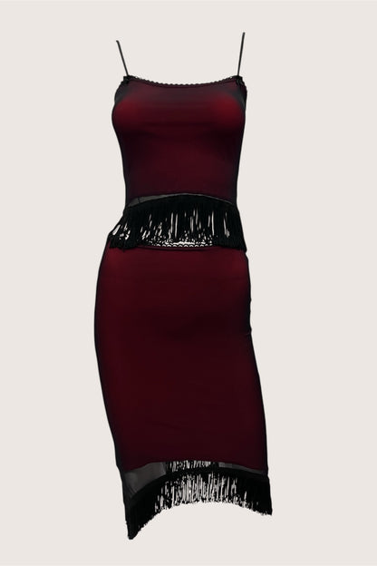 1990's Wine Red Overlay Top & Skirt Ensemble