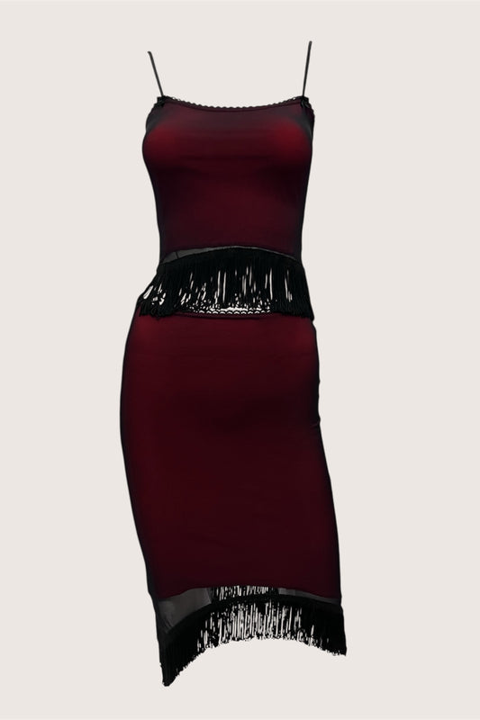 1990's Wine Red Overlay Top & Skirt Ensemble