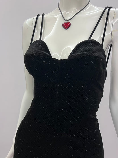 2000's Little Black Velour Bustier Dress